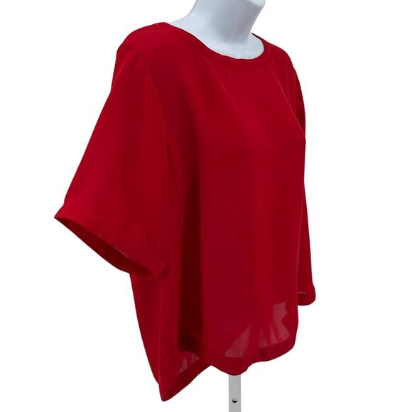 Bobeau Top WMNS S Oversized Boxy Chiffon Red Pullover Round Neck Short Sleeves - Picture 2 of 7